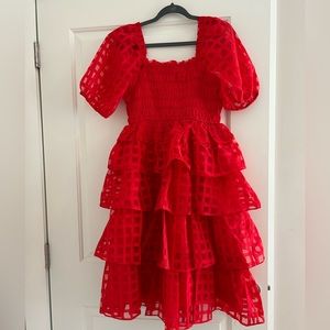 Red tiered balloon sleeve midi dress
